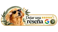 Botón para dejar una reseña en Google sobre TAO Veterinaria, con un golden retriever con gafas de sol y el texto «Dejar una reseña».